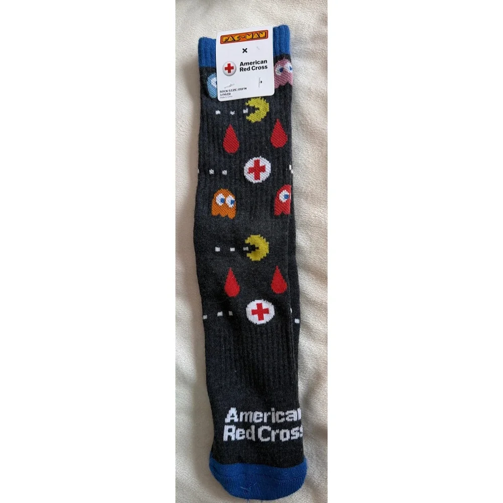 Pac-Man‎ x American Red Cross Crew Socks Gray Gaming Blood Donor Promo OSFM New